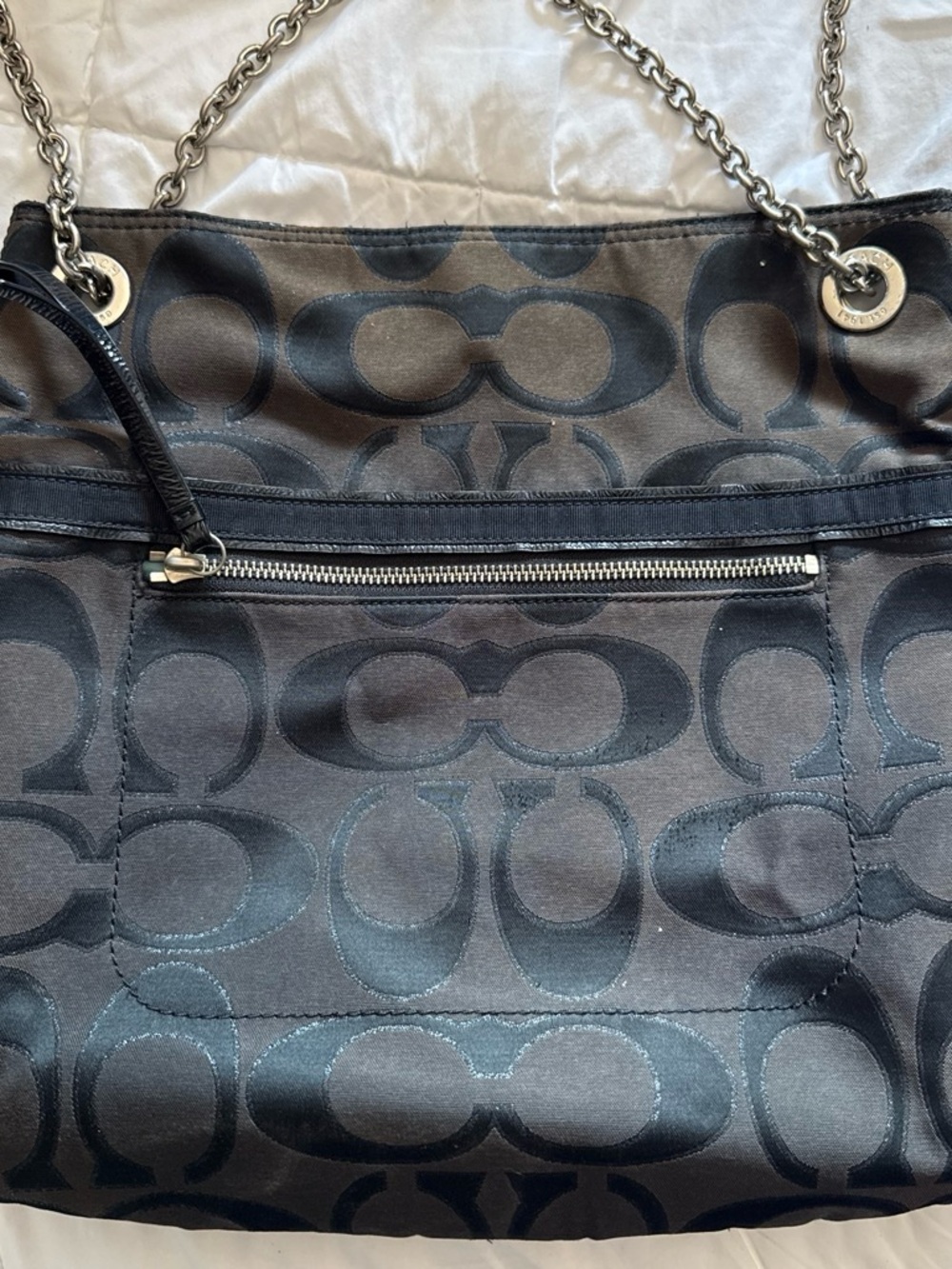 Coach Black Signature Chain-Handle Tote with Silver Hardware